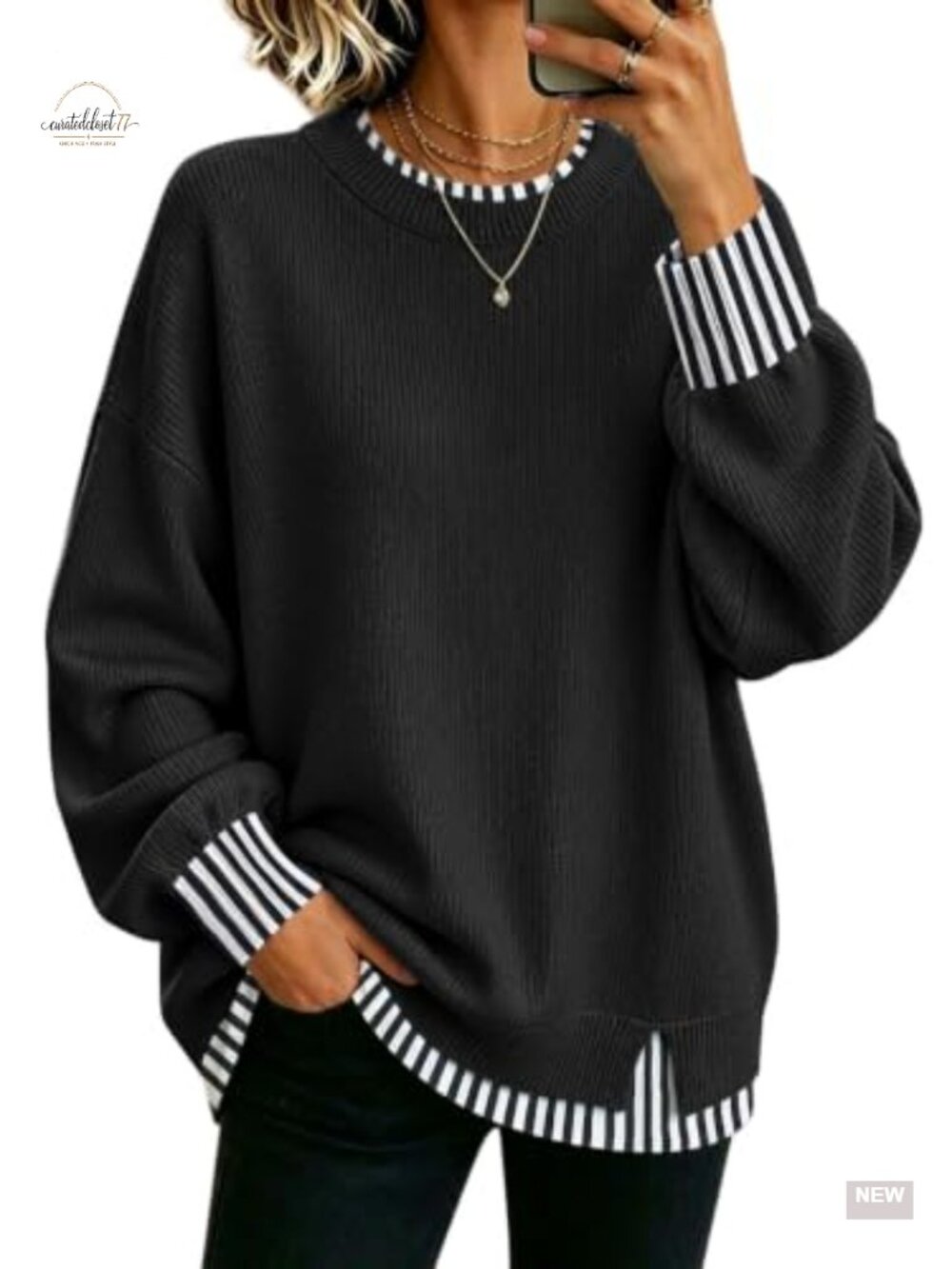 Women's Oversized Striped Knit Pullover Sweater Long Sleeve Crewneck